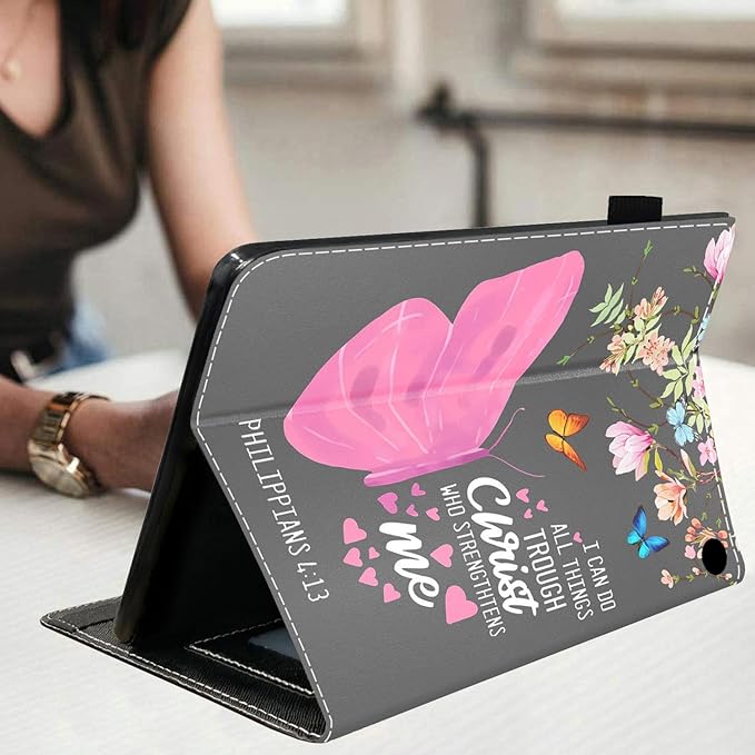 Case for Amazon Fire HD 10 &amp 10 Plus Tablet (13th/11th Gen 2023/2021 Release) 10.1 Premium PU Leather Stand Cover with Smart Auto Wake Floral Butterfly Quote Bible Verse Philippians 4:13