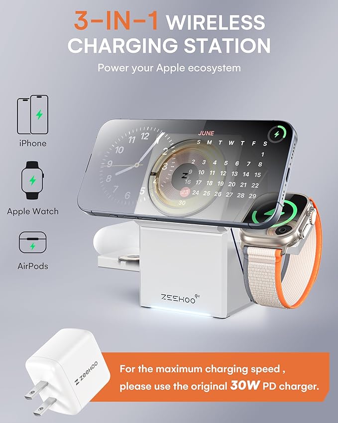 ZEEHOO 3 in 1 Charging Station for iPhone Charging Station for Apple MagSafe Charger Qi2 Certified 15W Fast Wireless Charger for Apple Watch for iPhone 171615141312 Series AirPods (White)