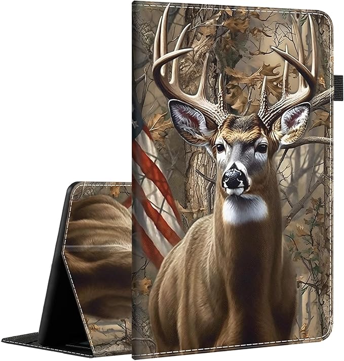 Case for All-New Amazon Fire HD 10 and 10 Plus Tablet (13th/11th Generation 2023/2021 Release) 10.1 - Slim Fit Standing Cover with Auto Sleep/WakeCamouflage Deer American Flag