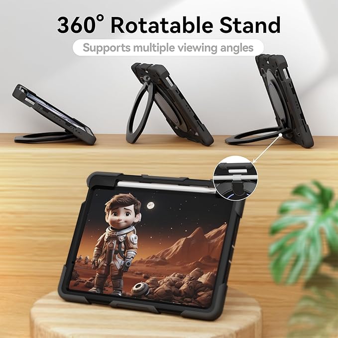 ACEMO for iPad Air 13 inch Case M3 2025 &amp iPad Air 13 inch Case M2 2024 with Pencil Holder 360° Rotating Kickstand Handle Shoulder Strap for Kids Girls Heavy Duty Protective Cover Black