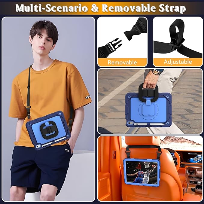 Grifobes for iPad A16 11th/10th Generation Case 2025/2022 for 11 Inch/10.9 Inch iPad Case Cover with Screen Protector 360°Rotate Stand Hand &amp Shoulder Strap Pencil Holder for Kids Navy Blue