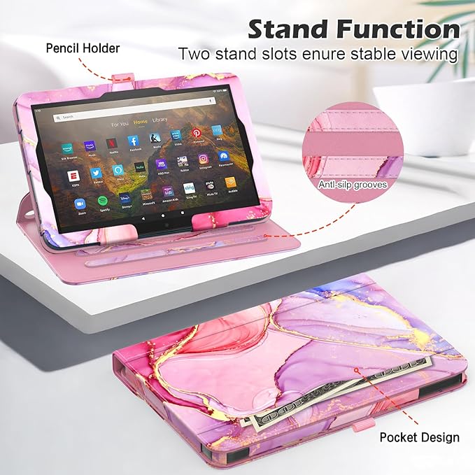 Case for 10 &amp 10 Plus Tablet (13th/ 11th Generation 2023/2021 Released) 360 Degree Rotating Stand PU Leather Cover with Pencil Holder Auto Sleep/Wake Pocket Design Marble Pink