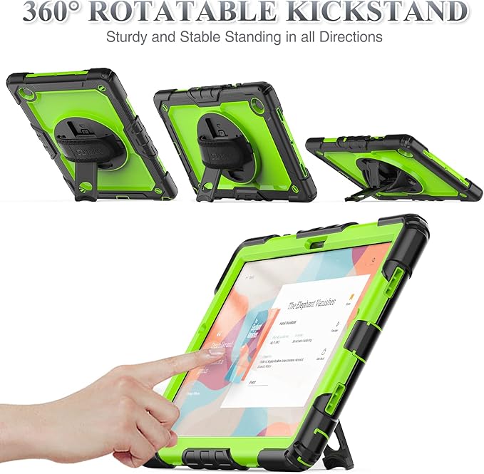 SEYMAC stock Case for Samsung Galaxy Tab A8 10.5'' Full-Body Drop Protection Case with Screen Protector Pencil Holder [360° Rotating Hand Strap] &ampStand Green+Black