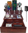Wood Phone Docking Station with Drawer 4 USB Nightstand Organizer Charging Station with QC 3.0 &amp PD USB C Fast Charger for iPhone Android Mens Jewelry Box Anniversary Birthday Gifts for Men