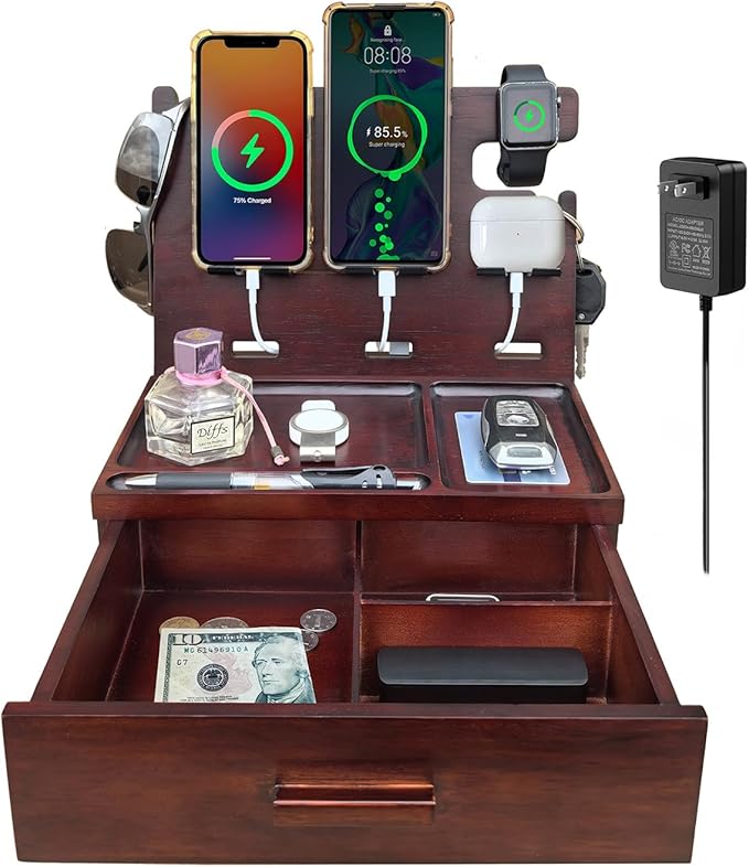 Wood Phone Docking Station with Drawer 4 USB Nightstand Organizer Charging Station with QC 3.0 &amp PD USB C Fast Charger for iPhone Android Mens Jewelry Box Anniversary Birthday Gifts for Men