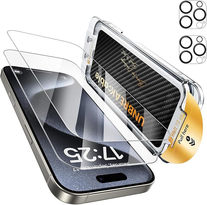 UNBREAKcable Top 9H+ Screen Protector for iPhone 15 Pro &amp Lens Protector (2+2 Pack)Military-Grade Shatterproof Tempered Glass [99% HD Clear][Easy Install] Bubble-Free &amp Anti-Fingerprint-6.1