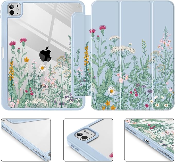 May Chen Case for iPad Pro 11-Inch M5/M4 2025/2024 (6th/5th Generation) Clear Transparent Print Back Shell Slim Stand Shockproof Tablet Cover Auto Wake/Sleep Herbs Flowers
