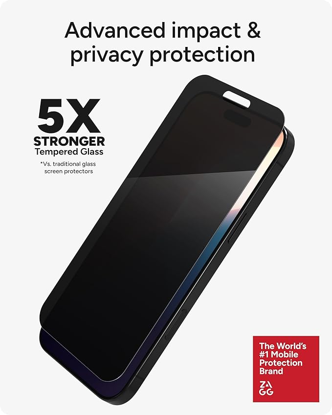 ZAGG Glass Elite Privacy Screen Protector for iPhone 16 Pro Max - 2-Way Privacy Filter Ultra-Strong Tempered Glass 5X Stronger InvisibleShield Smudge-Free Easy Install Recycled Content