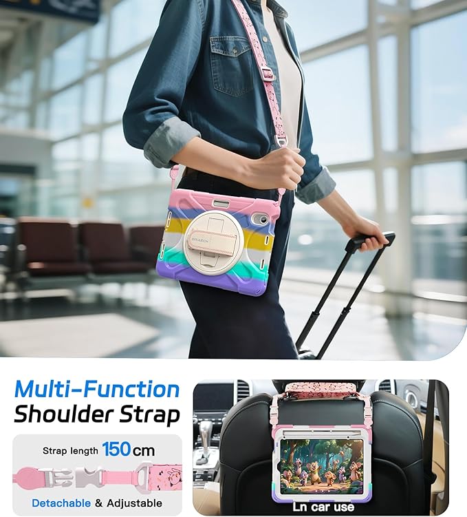 BRAECNstock Kids Case for Apple iPad mini 7 (A17 Pro) 2024/ Mini 6 8.3 Shockproof Protective iPad mini 7th/6th Gen Case with Screen Protector Pen Holder [Rotating Stand+Hand Strap] Colorful Pink