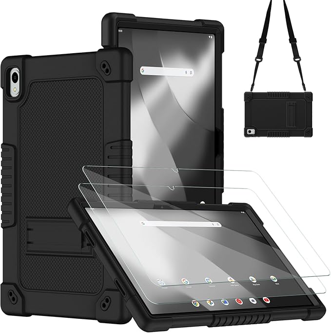for Walmart Onn 12.1 inch Tablet Pro 2024 Model Case/Onn 12.1 inch Tablet Pro(100146663) Case Kids Friendly with Shoulder Strap Stand 2Pcs Tempered Glass Screen Protector (Black+2Pcs)