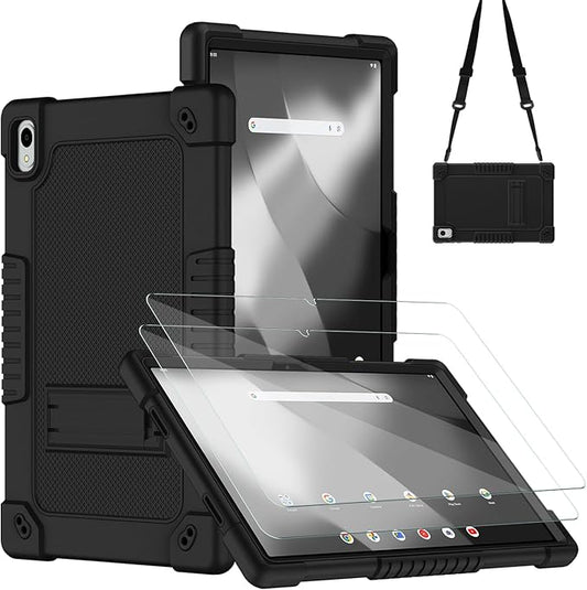 for Walmart Onn 12.1 inch Tablet Pro 2024 Model Case/Onn 12.1 inch Tablet Pro(100146663) Case Kids Friendly with Shoulder Strap Stand 2Pcs Tempered Glass Screen Protector (Black+2Pcs)