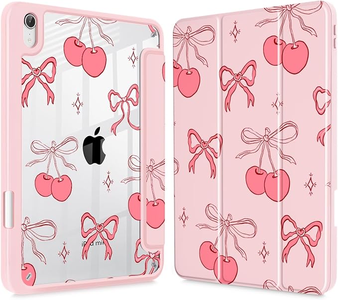 May Chen Slim Case for iPad mini 7 (A17 Pro 7th Generation) 2024 / iPad mini 6 (6th Gen) 8.3 Inch [Built-in Pencil Holder] Shockproof Cover Clear Clear Back Shell Auto Wake/Sleep Girly Cherry &amp