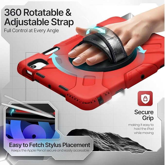 TNP Protective Case for iPad Air 5th 4th Gen 10.9 inch and iPad Pro 11 Inch 4th 3rd 2nd Generation (2022 2021 2020 2018) with Pencil Holder Handle Adjustable Stand &amp Shoulder Strap Red