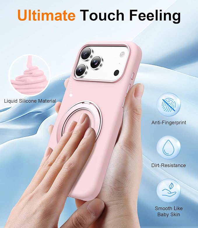 STERKER 360° Rotatable Stand Compatible with iPhone 17 Pro Max Case with Magnetic [Military Grade Drop Tested][Adjustable Kickstand] Ring Holder Silicone Slim Back Soft Edge Pink