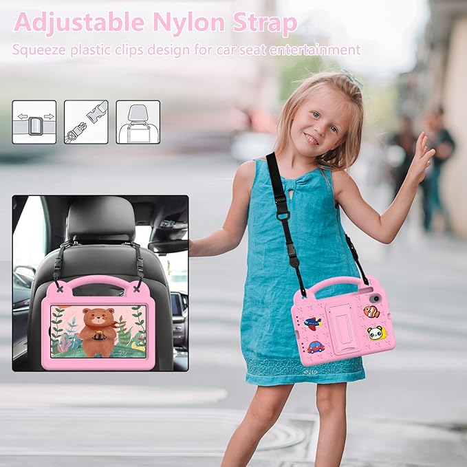 Compatible with ONN 7.0 Tablet (4nd Gen)-100135924(2024) Tablet Case Kids Friendly Universal Lightweight Shockproof Protective Case with Shoulder Strap &amp Stand Handle &amp Pen Tray Pink