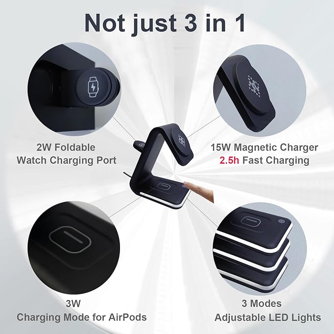 Magnetic Wireless Charger 3 in 1 Charging Station with Nightlight for Apple Magsafe iPhone 16/15/14/13/12 iWatch Series AirPods Charger Stand(15W Adapter)
