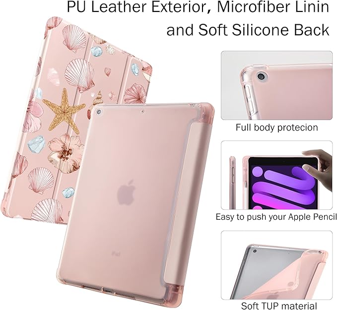 Idocolors Case for iPad 11 inch (A16 Chip) 2025 Generation 11th / iPad 10.9 inch 2022 10th Gen Built-in Pencil Holder with Soft TPU Shockproof Back Shell Auto Wake/Sleep Conch-Pink