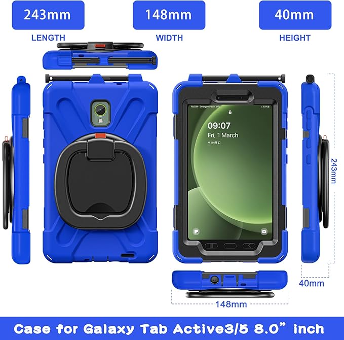 Rugged Case for Samsung Galaxy Tab Active5 5G (SM-X306B/X300) w/ 360° Rotating Hanging Ring Handle Grip Kickstand Heavy Duty Shock-Proof Armor Cover w/Shoulder Strap Stylus Holder (Blue)