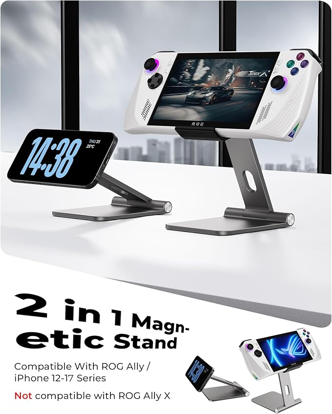 Antank Foldable Magnetic Stand for ROG Ally Aluminum Alloy Adjustable Angle Height iPhone Stand for Desk Portable Desktop Holder‌ Compatible with Rog Ally iPhone 17/16/15/14/13/12 Magnetic Case