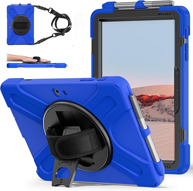 ZenRich Rugged Case for Surface Go 4 (2023)/Surface Go 3 (2021)/ Surface Go 2 (2020) Surface Go (2018) with Pen Holder Heavy Duty Shockproof Case with Stand Hand Strap and Shoulder Belt-Blue