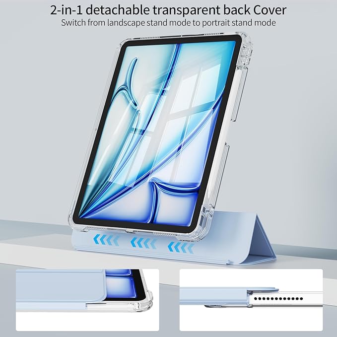 Case for iPad Air 11 inch M4/M3/M2 (2026/2025/2024) &amp iPad Air 5/4th Generation (2022/2020) 10.9 inch 2-in-1 Removable Hard PC Transparent Back with Pencil Holder Auto Sleep/Wake Sky Blue
