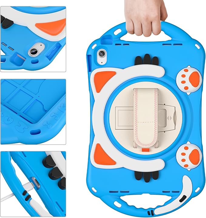 iPad 11 inch 11th Generation Case for Kids Dteck Heavy Duty Rugged Protection Kid-Friendly Handle Stand Shoulder Strap Cute Cat Case for Apple iPad 10th Generation 10.9 inch 2022 Lightblue