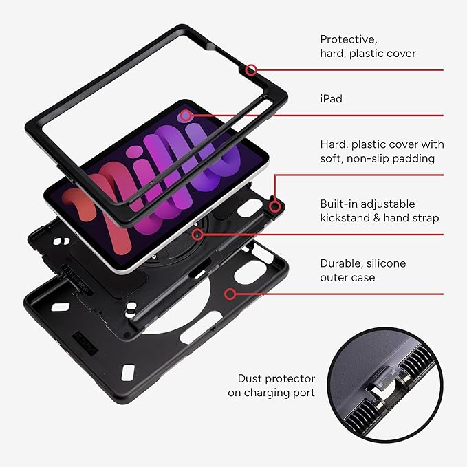 ZAGG Rugged Tablet Case for iPad Air 11 (M5)/ (M4)/ (M3)/ (M2) - Protective 360° Rotating Hand Strap Integrated Kickstand Drop-Proof Ideal for Business Warehouse and Field Use Black