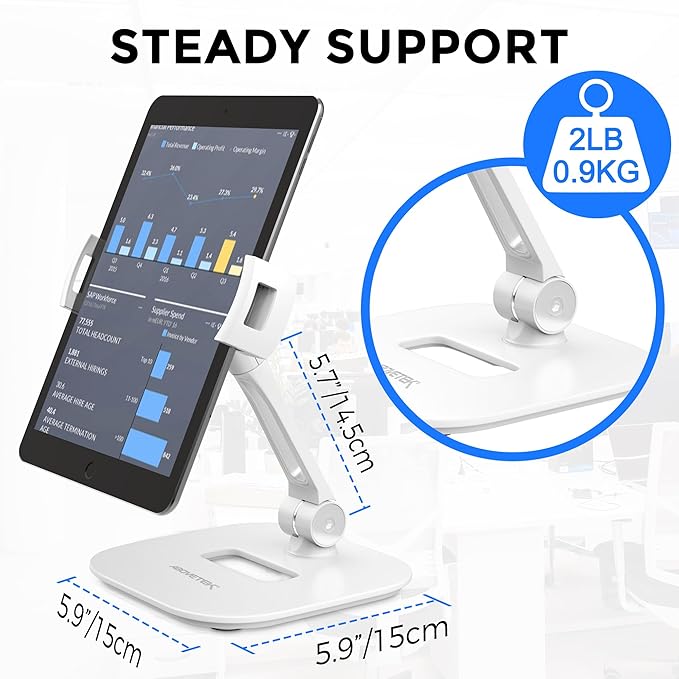 AboveTEK Tablet Stand Holder Stylish Aluminum iPad Stands Foldable 360° Swivel iPad iPhone Table Stand Holder fits 4-11 Tablets/Smartphones for Kitchen Bedside Office POS Showroom Reception (White)
