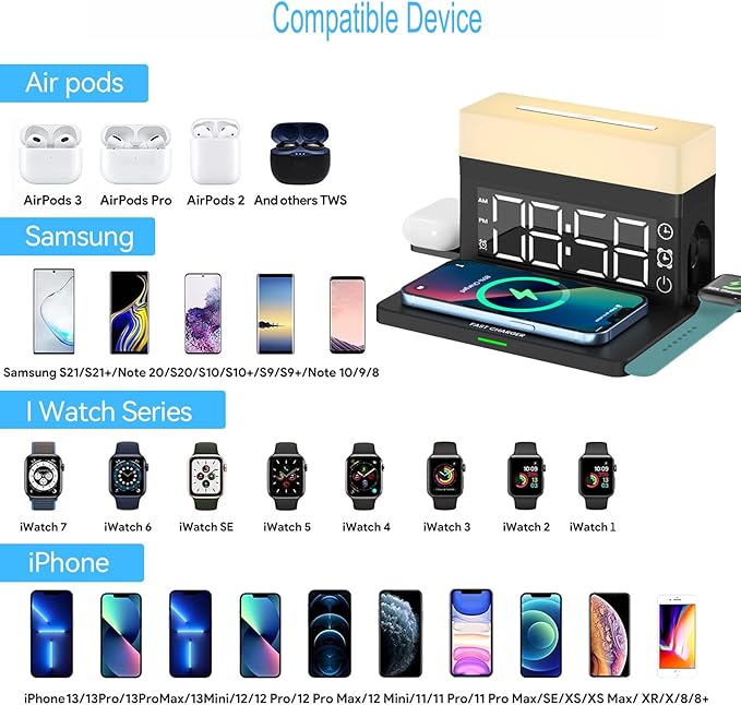 6 in 1 Wireless Charger 15W Fast Charging Station with Digital Clock Alarm &amp Night Light Multi-Device Charging Dock for Phone/Smartwatch/Earbuds RGB Ambient Light N65 White.