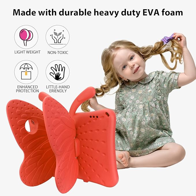 Dteck Fire HD 10 Tablet Case (2021/2023 Release 11/13th Generation) 3D Cute Butterfly Case for Kids Lightweight Stand Shockproof Rugged Heavy Duty Fire HD 10 Kids Pro Tablet Cover Red