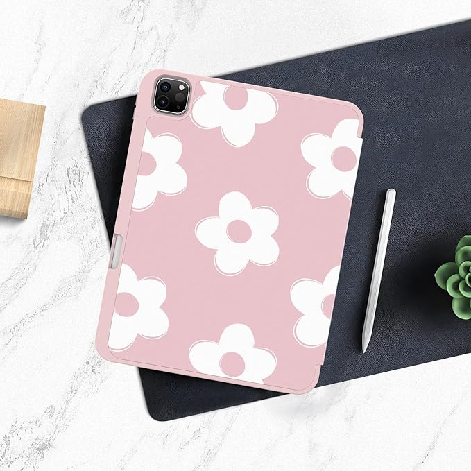 Case for iPad Pro 12.9 inch 6th/5th/4th Generation (2022/2021/2020) Slim Protective Cute Trifold Kickstand Case with Pencil Holder Smart Auto Wake/Sleep Cover for Girls Women Flower Pink