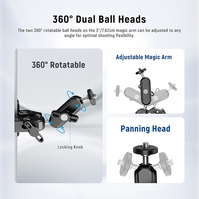 NEEWER Super Clamp with 3 Dual Ballhead Magic Arm Camera Phone Clamp Mount with 1/4 3/8 Threads Cold Shoe Phone Holder Action Camera Adapter Compatible with GoPro DJI iPhone 16 15 Pro Max ST88