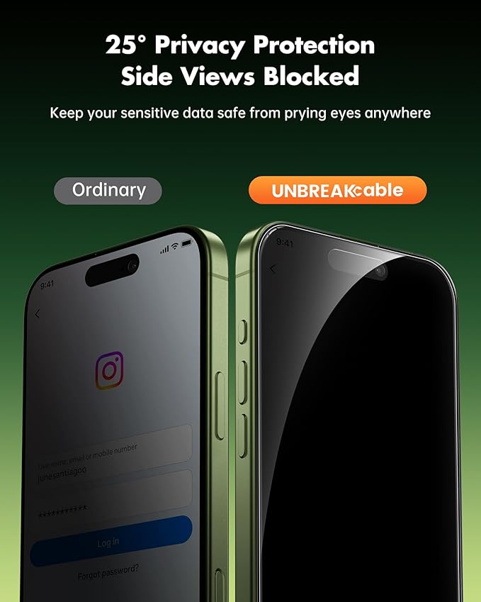 UNBREAKcable Privacy Screen Protector for iPhone 17 (6.3) 25° Anti-Spy Tempered Glass Easy Install Alignment Frame Case-Friendly 9H Hardness Anti-Fingerprint 3-Pack