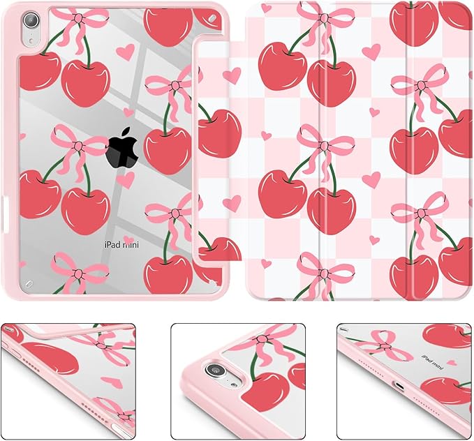 Mektron Printed Case for iPad mini 7 (A17 Pro) 2024/ Mini 6 2021 iPad mini 7th/6th Generation 8.3-inch Liquid Retina Display Cover Buit in Pencil Holder with Clear Back Shell Cherries Bows C353