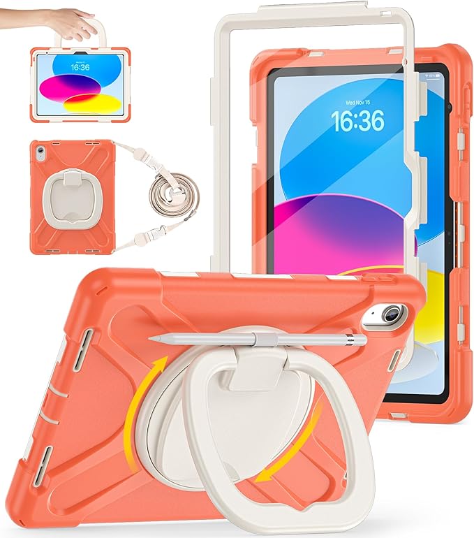 BATYUE Case for iPad (A16) 11th/10th Gen 11''/10.9'' 2025/2022 - Heavy Duty Shockproof Cover with 360° Rotating &amp 180° Folding Stand Screen Protector Shoulder Strap &amp Pencil Holder | Coral O