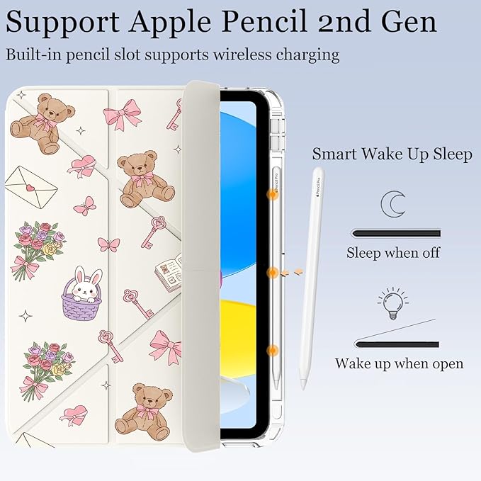 Cute Kawaii Bear Bow for iPad Pro 11 Inch Case 4th/3rd/2nd Generation 2022/2021/2020 with Pencil Holder Auto Sleep/Wake White Leather Acrylic Back Detachable Cover