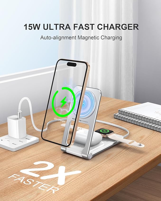 3 in 1 Magnetic Wireless ChargerFoldable Charging Station Built-in Retractable Cable15W Portable Wireless Charging Stand for iPhone 16 15 14 13 12Apple WatchAirPods (20W Adapter) (White)