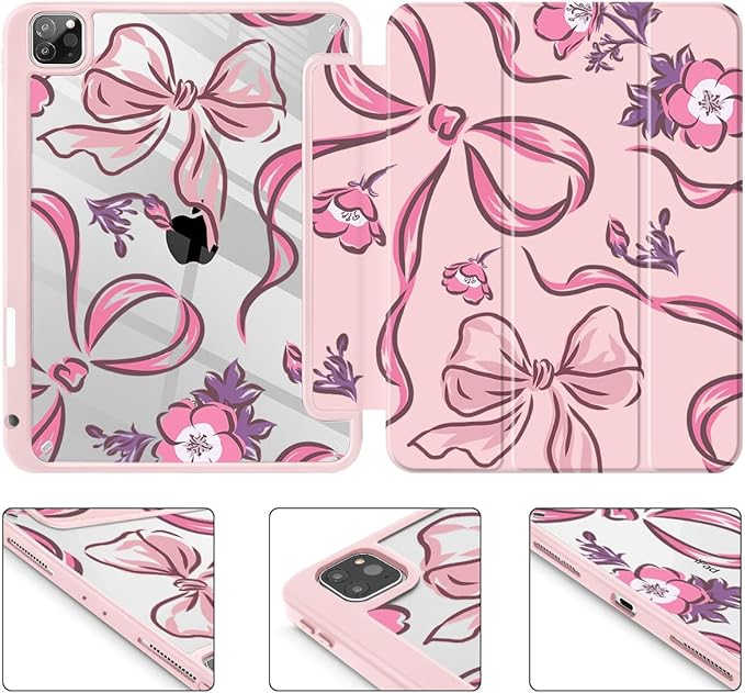Mektron Case for iPad Pro 11 inch (4th 3rd 2nd &amp 1st Gen) 2022 2021 2020 2018 Buit in Pencil Holder with Shockproof Cover Clear Shell + Auto Wake/Sleep Flowers-Bows-Pink
