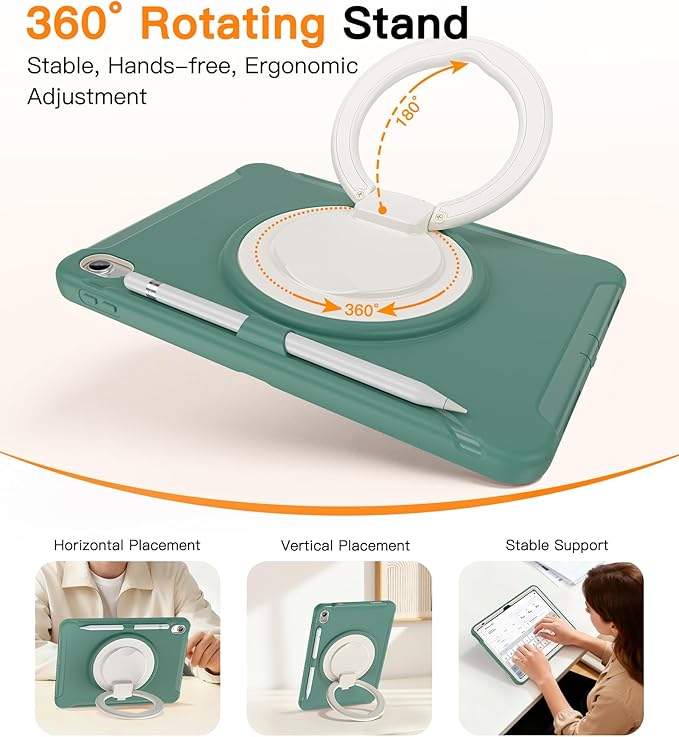 BATYUE Shockproof Case for iPad 10th Gen 10.9 2022 / 11th Gen (A16) 11 2025 | 360° Multi-Angle Stand (Portrait &amp Landscape) &amp Grip Built-in Screen Protector Pencil Holder Jade Green