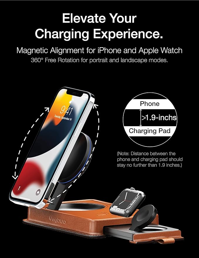 VogDUO 3 in 1 Wireless Magnetic Charging Stand - 15W Charger Dock Station with Genuine Leather 6ft Extension Cables Switchable Nightlight for iPhone AirPods Apple Watch (Tan)
