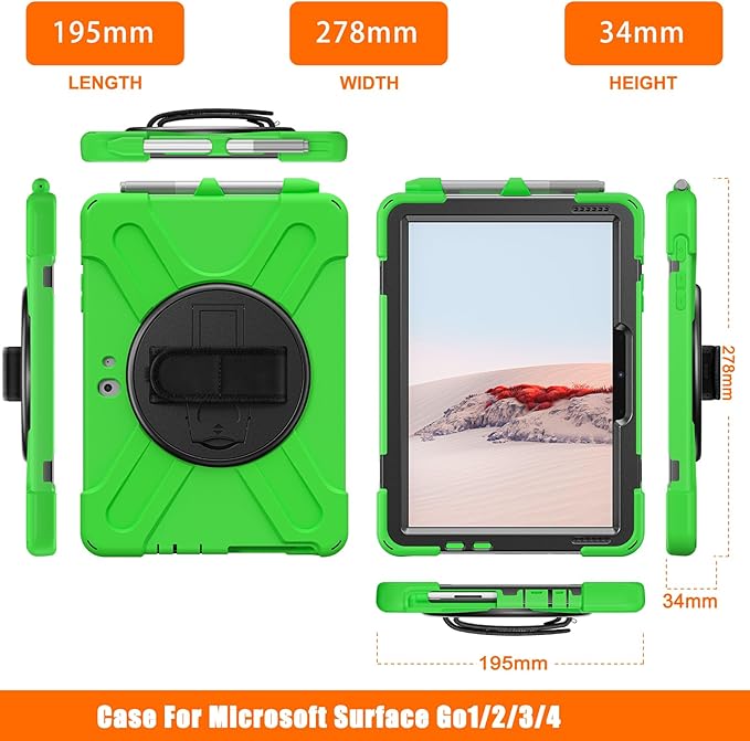 ZenRich Rugged Case for Surface Go 4 (2023)/Surface Go 3 (2021)/ Surface Go 2 (2020) Surface Go (2018) with Pen Holder Heavy Duty Shockproof Case with Stand Hand Strap and Shoulder Belt-Green