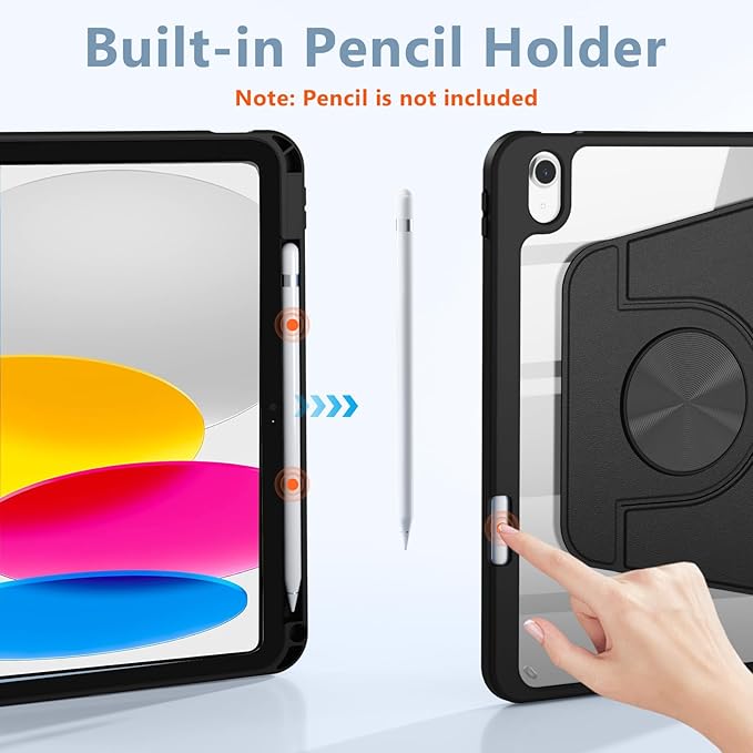 Wenlaty for iPad (A16) 11th Generation Case 11 Inch 2025 for iPad 10th Generation Case 10.9 Inch 2022 with Pencil Holder 360° Rotating Protective Stand Cover Detachable Magnetic Clear Back Black