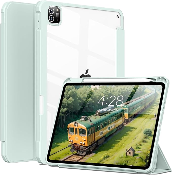 for iPad Pro 13 inch Case (M5/M4) 2025/2024 Slim Protective Cover with Apple Pencil Holder Soft TPU Back Cover for ipad pro 13 inch Trifold Stand Auto Wake/Sleep (Light Green)