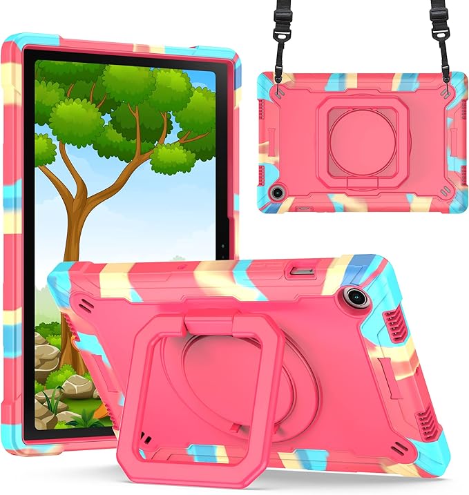 Dteck for Samsung Galaxy Tab A8 (SM-X200) Tablet Case 10.5 2022 Release Shockproof Rugged Hard Case for Kids with Rotate Handle and Kickstand Protective Cute Cover with Shoulder Strap Rainbow Rose