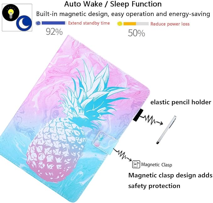 Case for Amazon Kindle Fire HD 10 Tablet 9th/7th Generation 2019 and 2017 with Stylus Holder Card Slots [Auto Sleep/Wake] Smart Stand PU Leather TPU Magnetic Folio Cover Pink Pineapple