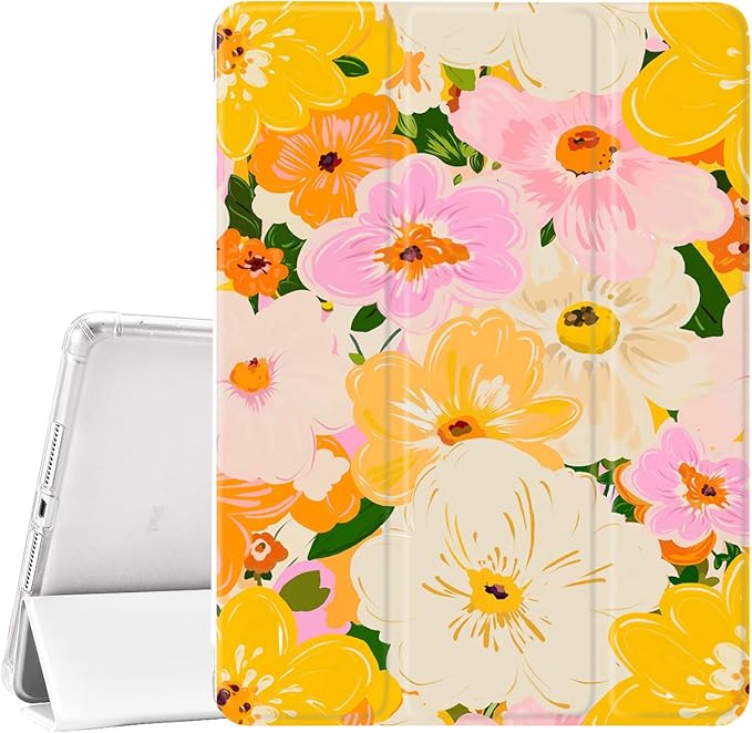 JOYLAND Colorful Flowers Floral Pad Case for iPad 5th/6th Generation White with Pencil Holder Lightweight Smart Trifold Stand Cover Soft TPU