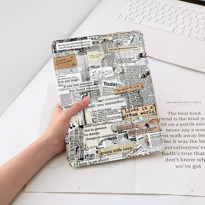 JOYLAND Art Aesthetic Newspaper Collage Pad Case for 10.2 Inch iPad 9th/7th/8th Generation with Pencil Holder Foldable for iPad 2021/2020/2019 Trendy Retro Leather Protective Cover Auto Wake/Sleep