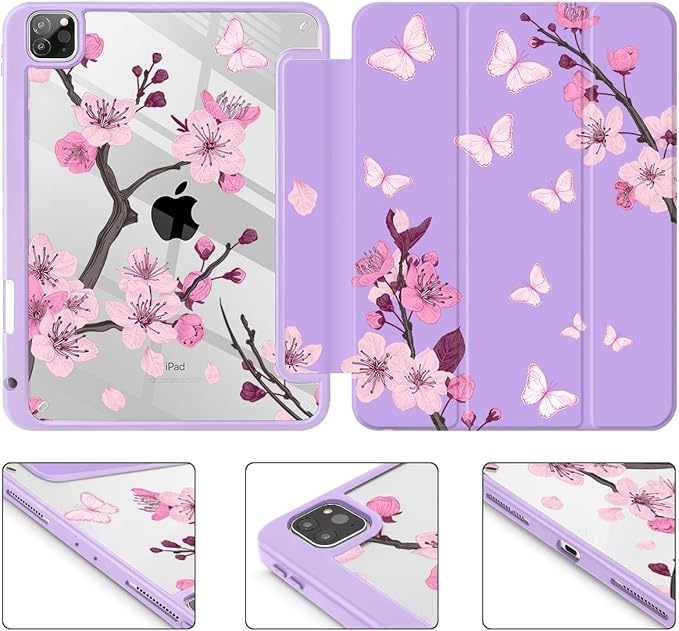 May Chen for iPad Pro 11 inch M2 4th Generation 2022 iPad Pro 11 3rd/2nd/1st Gen Case with Transparent Shockproof Back Cover [Built-in Pencil Holder Auto Sleep/Wake Pink Cherry Blossom