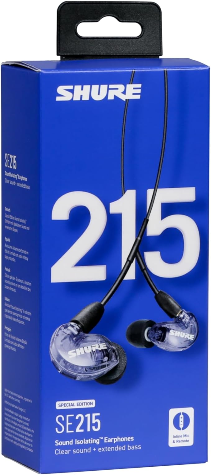 Shure SE215 Special Edition PRO Wired Earbuds Professional Sound Isolating Earphones Clear with Deep Bass Single Dynamic MicroDriver for Music Gaming &amp Calls - Purple