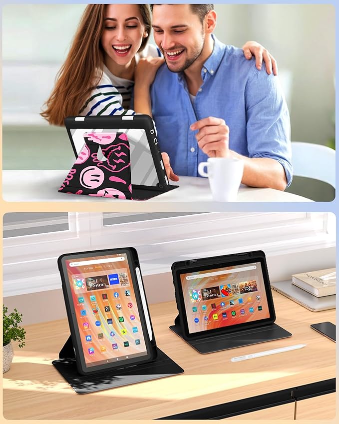 Kidcube for Kindle Fire HD 10/10 Plus Tablet Case - 13th/11th Generation (2023/2021) 10.1 Women Girls Teen Cute Fun Cool Design Rotating Stand Pencil Holder Folio Cases for Amazon Fire HD 10/10 Plus